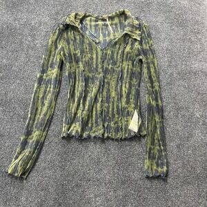 Urban Outfitters Shirt Womens Small Blue Green Sheer Pleated Mesh Collared Top